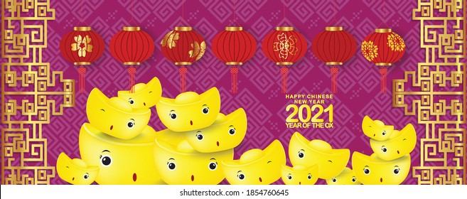 Happy Chinese New Year 2021 Background with chinese gold ingots and Lanterns