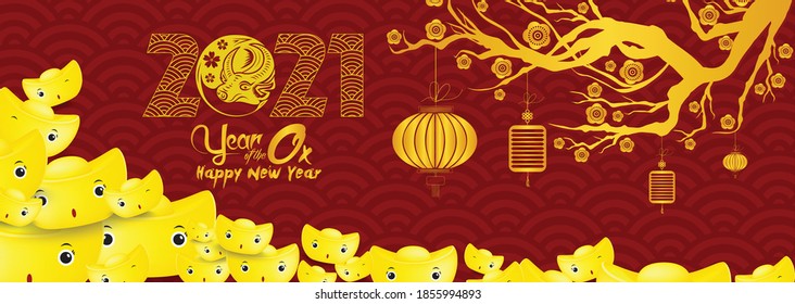 Happy Chinese new year 2021 chinese gold ingots the year of the ox zodiac, banner Cartoon calendar vector illustration