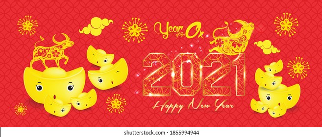 Happy Chinese new year 2021 chinese gold ingots, the year of the ox zodiac, Year of the ox banner