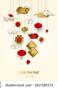 Happy Chinese New Year 2021 of ox. Banner with hanging red bull, gold clouds, lanterns, flowers on light background. Asian patterns. For poster, greeting card. Paper style. Vector illustration.