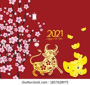 Happy Chinese New Year 2021 with cherry blossom and gold ingots design. Year of the Ox, invitation, posters, brochure, calendar, flyers, banners