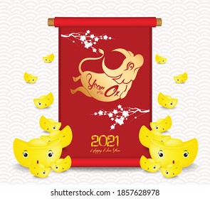 Happy Chinese New Year 2021 with cherry blossom and gold ingots design. Year of the Ox, Traditional Chinese handscroll of painting