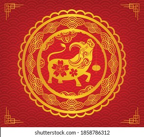 Happy chinese new year 2021 with gold head ox zodiac and text in chinese culture frame vector design