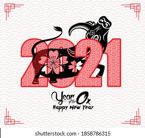 Happy chinese new year 2021 Ox Zodiac sign, with red paper cut art and craft style on color background for greeting card, flyers, poster