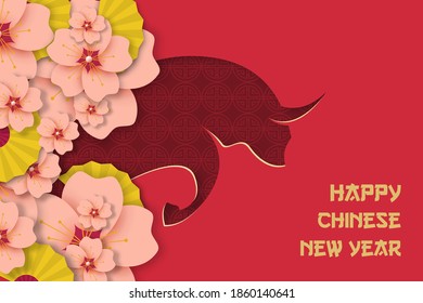Happy Chinese New Year 2021 year of  the ox Vector Illustration, Red and Gold Papercut Style with flower and chinese pattern