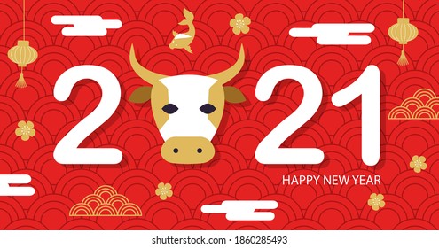 Happy Chinese New Year 2021 greeting with Bull, asian lanterns, clouds, flowers, etc. Horizontal banner or card, vector illustration