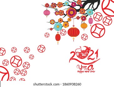 Happy chinese new year 2021 Ox Zodiac sign, Blooming cut art and craft style on color background for greeting card, flyers, poster