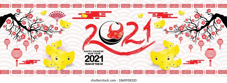 Happy chinese new year 2021 Ox Zodiac sign. Gold ingots background horizontal banner for Chinese New Year 2021 of the Ox