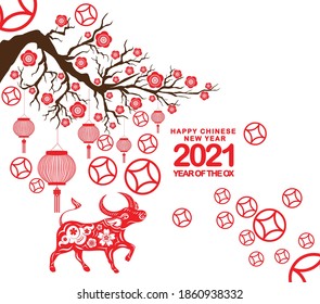 Happy chinese new year 2021 Ox Zodiac sign, with gold paper cut art and craft style on color background for greeting card, flyers, poster