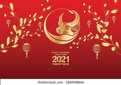 Happy chinese new year 2021 of the ox. Gold zodiac sign, Floral and gold flower for greetings card, invitation, posters, brochure, calendar, flyers, banners