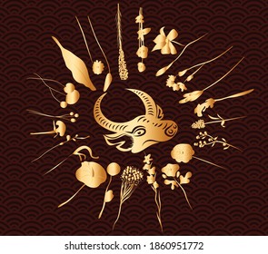 Happy chinese new year 2021 of the ox. Gold zodiac sign, gold florals wreath for greetings card, invitation, posters, brochure, calendar, flyers, banners