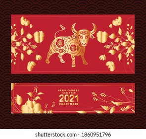 Happy chinese new year 2021 of the ox. Gold zodiac sign, gold florals for greetings card, invitation, posters, brochure, calendar, flyers, banners