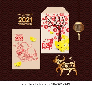 Happy chinese new year 2021 of the ox. Gold zodiac sign, design envelope and gold ingots for greetings card, invitation, posters, brochure, calendar, flyers, banners