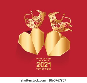 Happy chinese new year 2021 of the ox. Gold zodiac sign, Creative paper gold hearts for greetings card, invitation, posters, brochure, calendar, flyers, banners