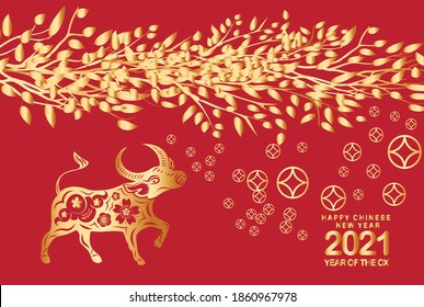 Happy chinese new year 2021 of the ox. Gold zodiac sign, gold tree for greetings card, invitation, posters, brochure, calendar, flyers, banners