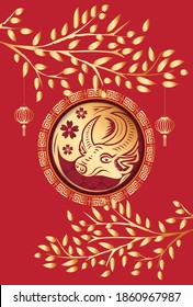 Happy chinese new year 2021 of the ox. Gold zodiac sign, gold tree background for greetings card, invitation, posters, brochure, calendar, flyers, banners