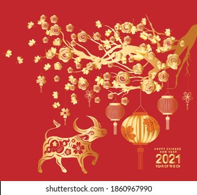 Happy chinese new year 2021 of the ox. Gold zodiac sign, gold tree and lanterns for greetings card, invitation, posters, brochure, calendar, flyers, banners