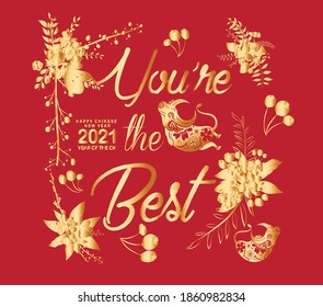 Happy chinese new year 2021 of the ox. Gold zodiac sign, gold floral decoration for greetings card, invitation, posters, brochure, calendar, flyers, banners