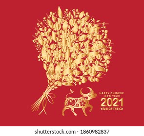 Happy chinese new year 2021 of the ox. Gold zodiac sign, gold floral bouquet decoration for greetings card, invitation, posters, brochure, calendar, flyers, banners