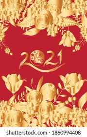 Happy chinese new year 2021 of the ox. Gold zodiac sign, gold floral and asian elements background for greetings card, invitation, posters, brochure, calendar, flyers, banners