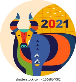 Happy Chinese New Year 2021 vector design. Symbol of 2021 Year the Bull.Vector illustration with colorful Bull in folk style. Logo design of 2021 Chinese New Year