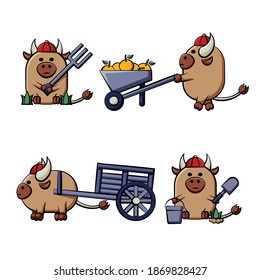 Happy chinese new year 2021. Year of the ox. Cute ox farming cartoon handdrawn style set. Ox holding spade fork, pushing wheelbarrow filled with oranges and cart, and planting plant.