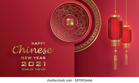 Happy chinese new year 2021 Ox Zodiac sign, with gold paper cut art and craft style on color background for greeting card, flyers, poster (Chinese Translation: happy Ox new year 2021, Congratulations)