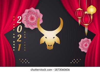 Happy Chinese New Year 2021 year of the ox. Chinese new year banner decorated with golden ox head, lanterns and curtains on black background