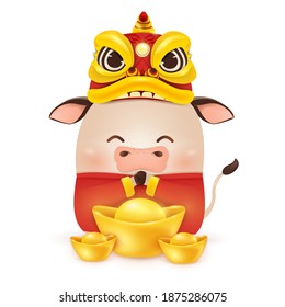 Happy Chinese New Year 2021. Cartoon Little Ox character design with dragon dance head, traditional Chinese red costume, holding chinese gold ingot isolated. The year of the bull. Zodiac of the ox.