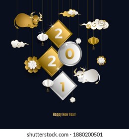 Happy Chinese New Year 2021 of ox. Banner with hanging gold bull, white clouds, lanterns, flowers on dark background. Asian patterns. For poster, greeting card. Paper style. Vector illustration