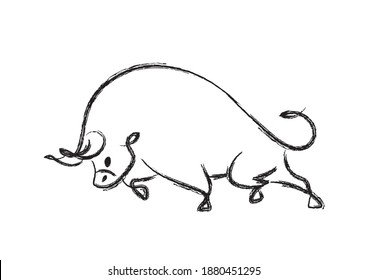 Happy chinese new year 2021, Year of the ox. Hand drawn Doodle Calligraphy brush Ox.