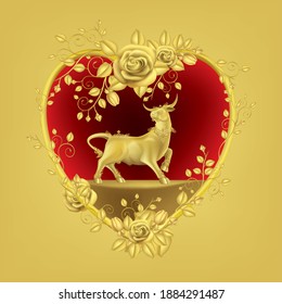 Happy Chinese new Year 2021. The year of the metal ox. year of the ox. metal golden ox character.