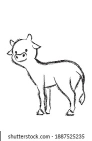 Happy chinese new year 2021, Year of the ox. Hand drawn Doodle Calligraphy brush Ox.