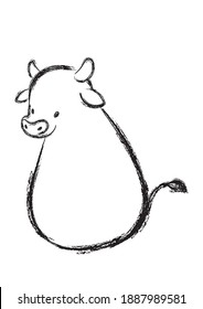 Happy chinese new year 2021, Year of the ox. Hand drawn Doodle Calligraphy brush Ox.