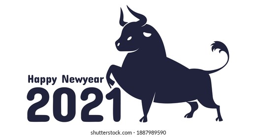 Happy chinese new year 2021, Year of the ox. Hand drawn Chinese zodiac of Ox symbol. Vector illustration, Cartoon doodle style. Translation: Happy new year, Ox.