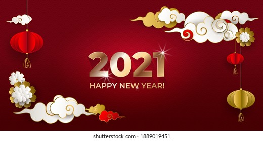 Happy Chinese New Year 2021. Greeting card with gold and white clouds, lanterns, flowers on red background. Asian patterns. For holiday invitations, poster, banner. Paper style. Vector illustration.