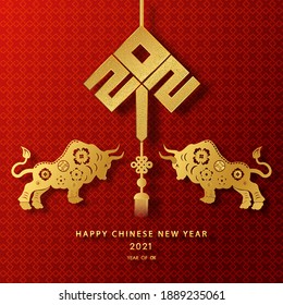 Happy chinese new year 2021 year of the ox ,paper cut ox character,flower and asian elements with craft style on background. (The Chinese letter is mean happy new year) Vector illustration EPS10.

