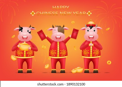 Happy Chinese New Year in 2021 greeting card. Year of zodiac OX or cow. Chinese characters is Happy New Year. Vector illustration in paper art design.