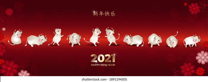 Happy Chinese New Year 2021. Set of cute white bulls. Oxes in different poses with color flowers and dots on red background. Asian patterns. Chinese characters: Happy New Year. Vector illustration.
