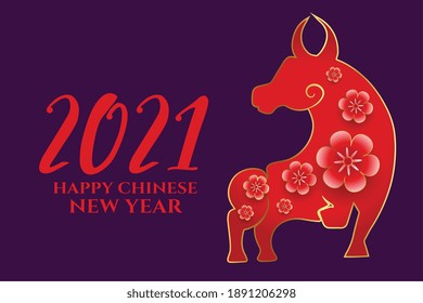 Happy chinese new year 2021 of ox with flowers