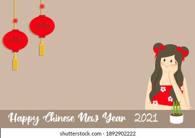 Happy Chinese New Year 2021 flat design. Adorable Asian girl. Beautiful Asian woman. 