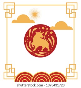 Happy chinese new year 2021, year of the ox . Isolated on red background