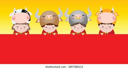 Happy Chinese new year 2021 greeting card. group of Little kids wearing cow costumes holding a red sign, year of the ox zodiac Cartoon isolated vector illustration, Translation: Happy New Year