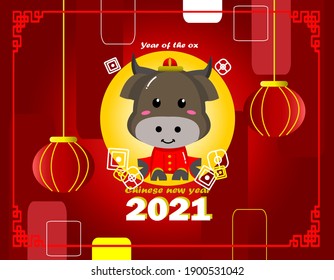 Happy chinese new year 2021 banner. Zodiac of ox cartoon character traditional. New year 2021 cards. greeting chinese style. with buffalo wearing red yellow clothes.