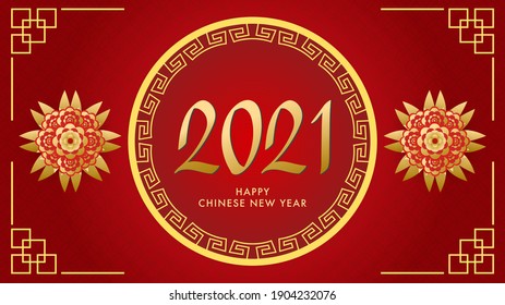Happy Chinese new year 2021 year of the ox ,flower and asian elements with craft style on Red background.