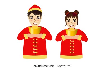 Happy Chinese new year 2021. Cute china boy and girl are blessing with golden ingot in hand. Celebration concept. Illustration Vector elements for design.