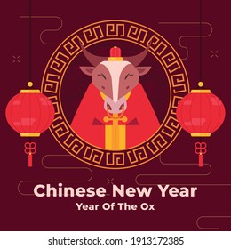 Happy Chinese New Year 2021 poster banner greeting card with ox lantern and oriental ornament