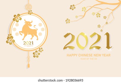 Happy chinese new year 2021. Year of the ox Zodiac sign with golden Chinese ornaments and flowers.