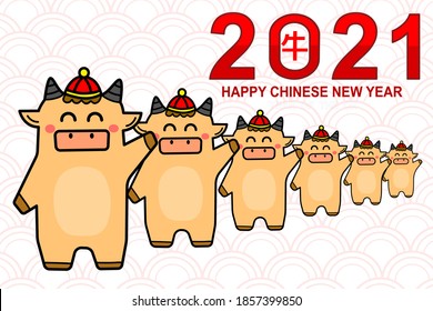 Happy Chinese new year 2021greeting card with cute ox, year of ox ,Chinese Translate: Ox