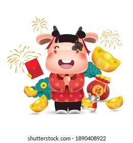 Happy chinese new year 2021,Happy little cow with little mouse,elements for artwork ,Isolated background,wealthy, zodiac,year of the ox,Chinese Translation "happy new year" and "rich"